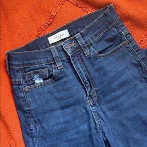 Carly Jean Los Angeles Dark Blue High Rise Jeans with Distressed Knees and Hem